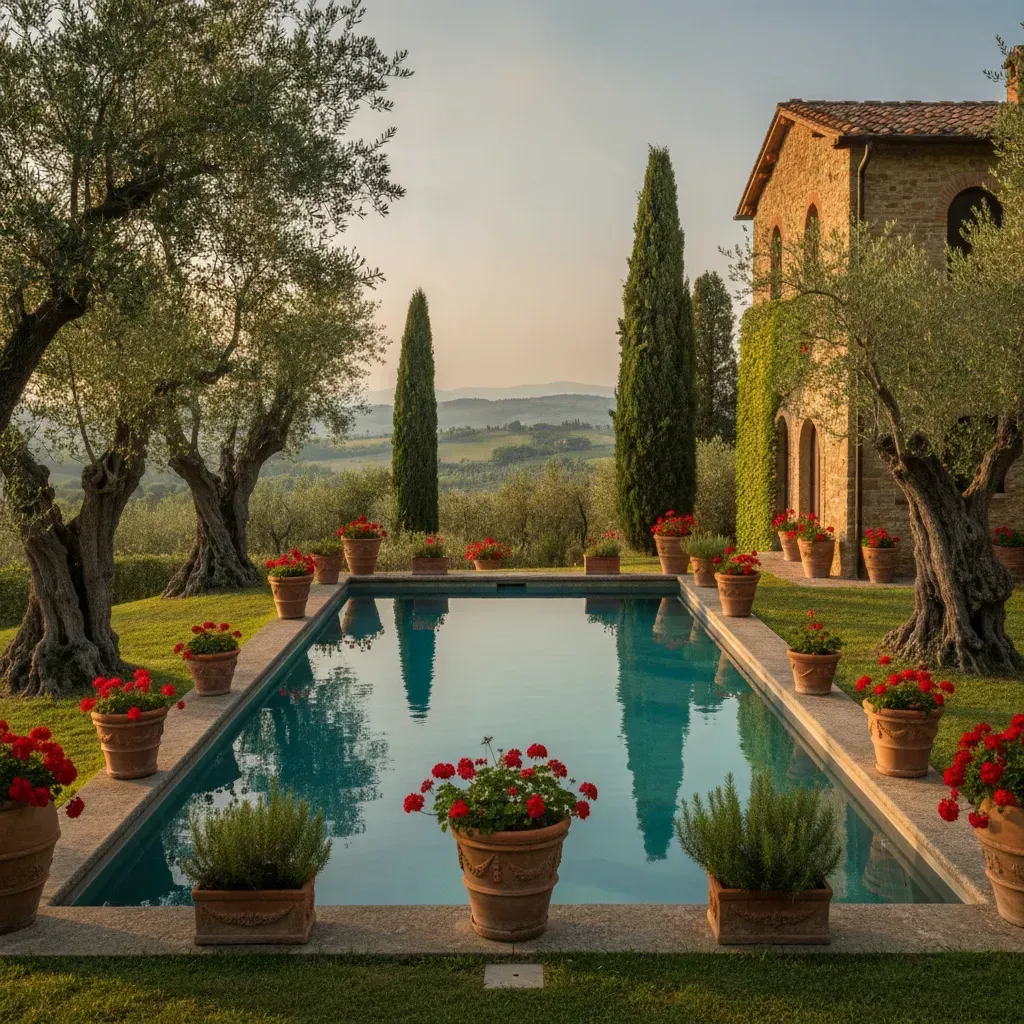 Piscine enterrée dans le jardin d'une villa italienne en Toscane avec vue sur les collines