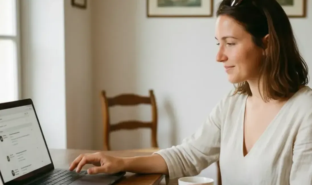 Sophie, française de 32 ans, consulte des offres d'emploi saisonnier en Italie sur son ordinateur