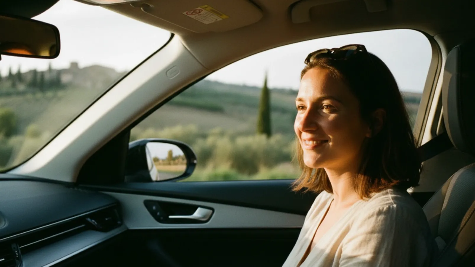 Elena au volant d'une voiture en Italie avec son permis de conduire - conversion permis français en permis italien