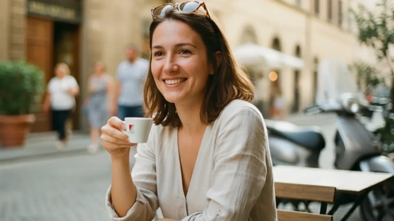 Femme expatriée française souriante en terrasse d'un café italien après une expatriation réussie