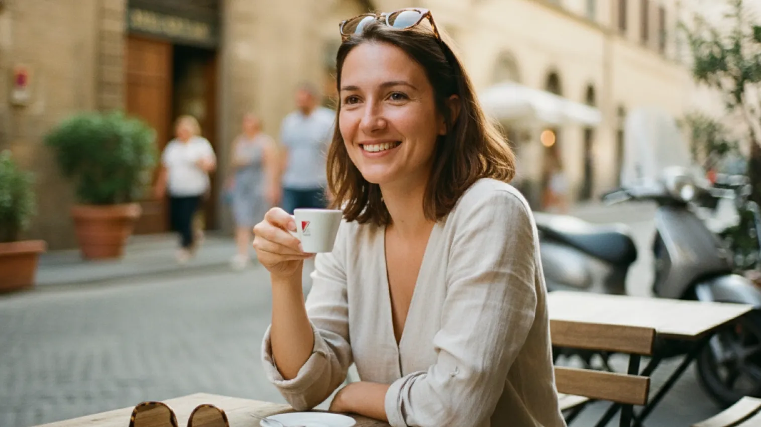 Femme expatriée française souriante en terrasse d'un café italien après une expatriation réussie
