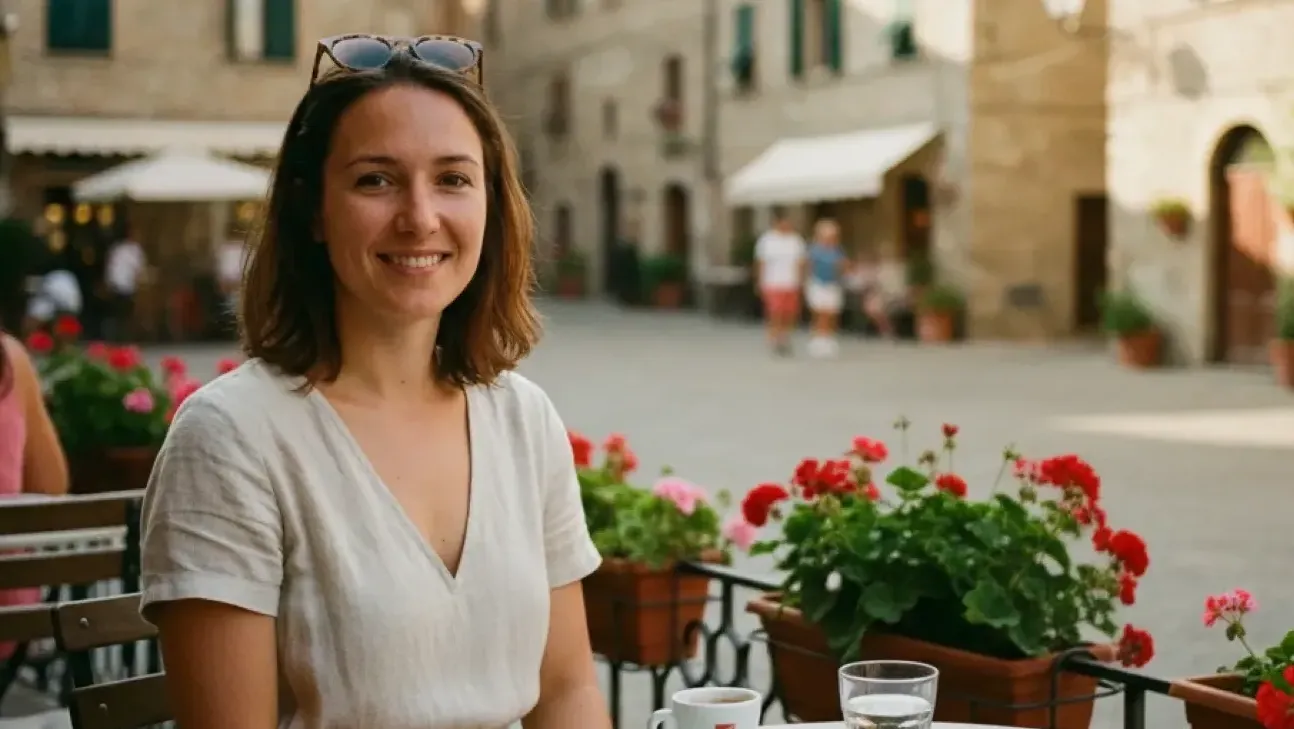 Young person enjoying a terrace break after seasonal work in Italy