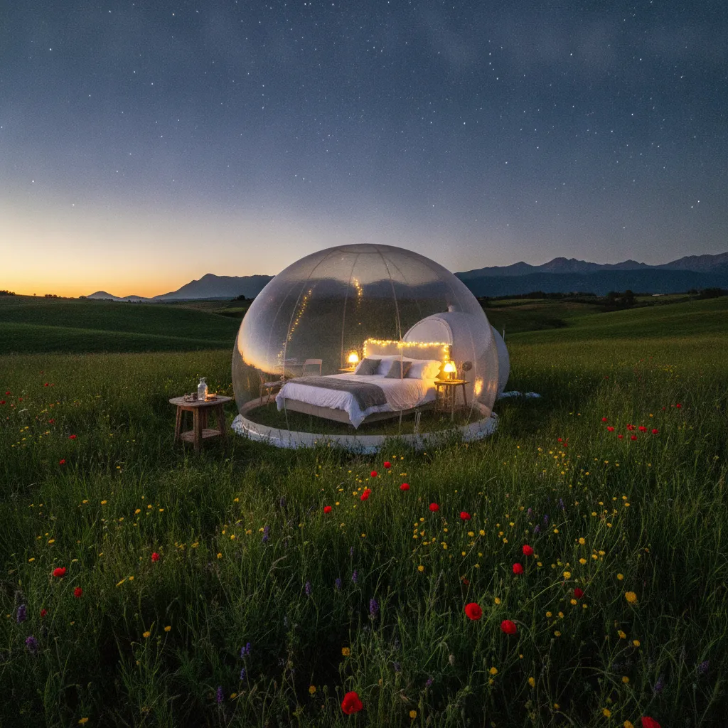 Bulle transparente bubble room installée dans la campagne italienne au crépuscule avec ciel étoilé visible
