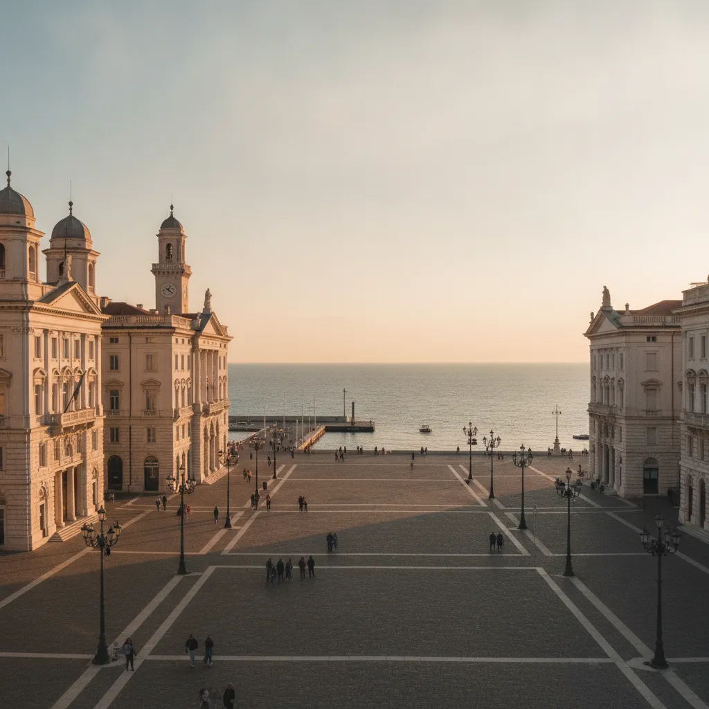 La Piazza Unità d'Italia de Trieste au coucher du soleil, avec la mer Adriatique en arrière-plan