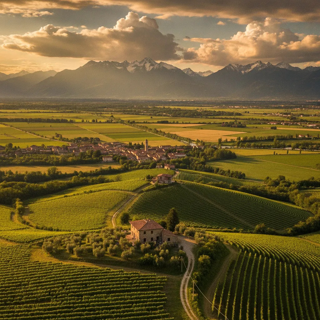 Panorama du Frioul-Vénétie Julienne entre vignes, plaine et Alpes juliennes enneigées