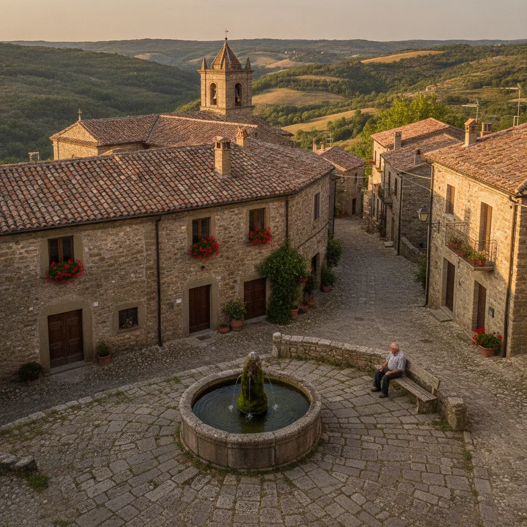 Village traditionnel en pierre dans l'arrière-pays du Molise, avec sa place et son clocher
