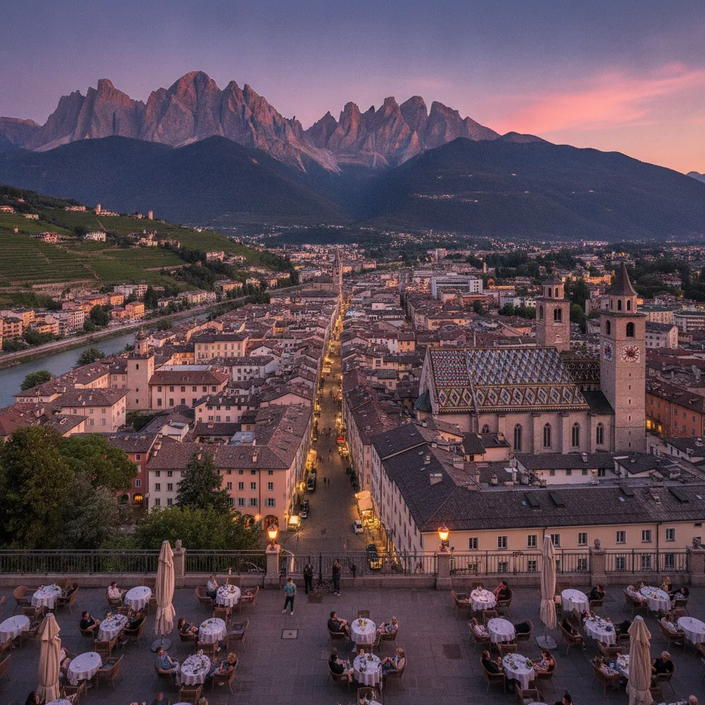 Vue aérienne de Bolzano au crépuscule avec la cathédrale gothique et les vignobles alpins environnants