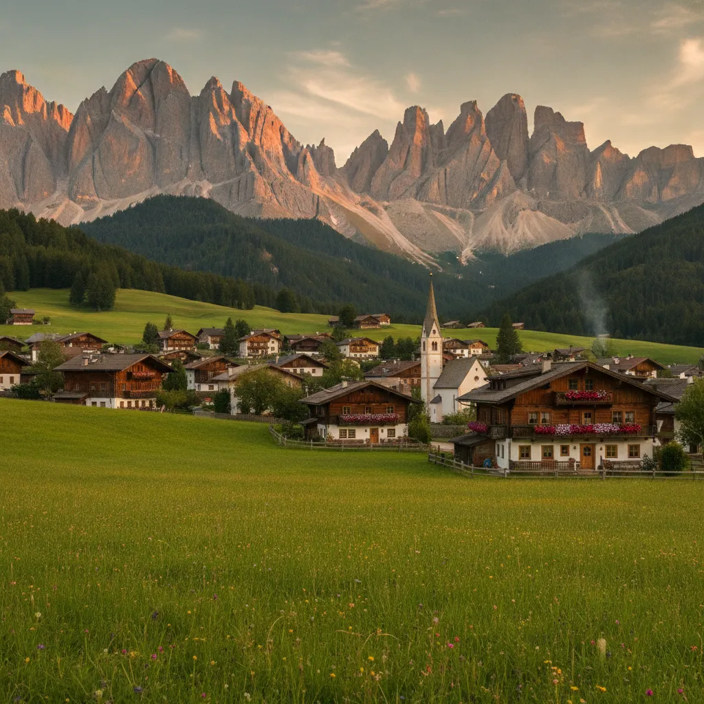 Village alpin traditionnel dans les Dolomites du Haut-Adige avec chalets tyroliens et montagnes