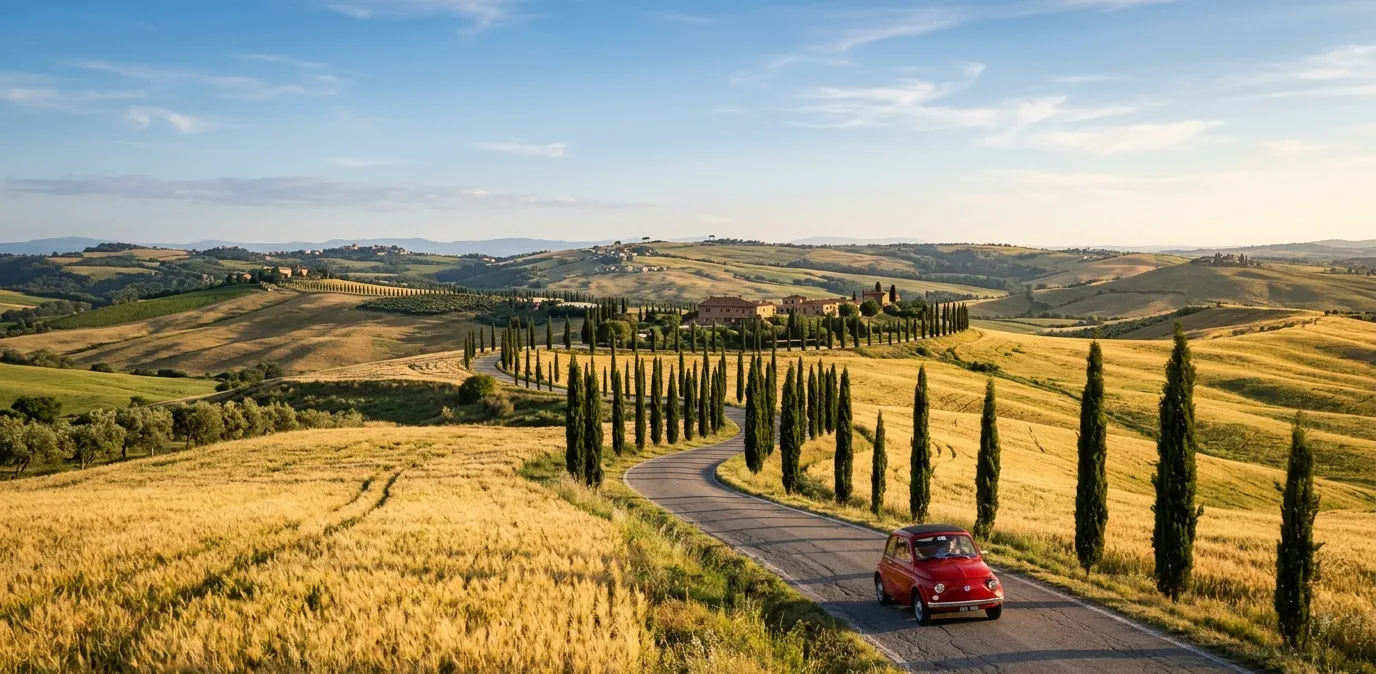 voiture de location sur une route de toscane au coucher du soleil
