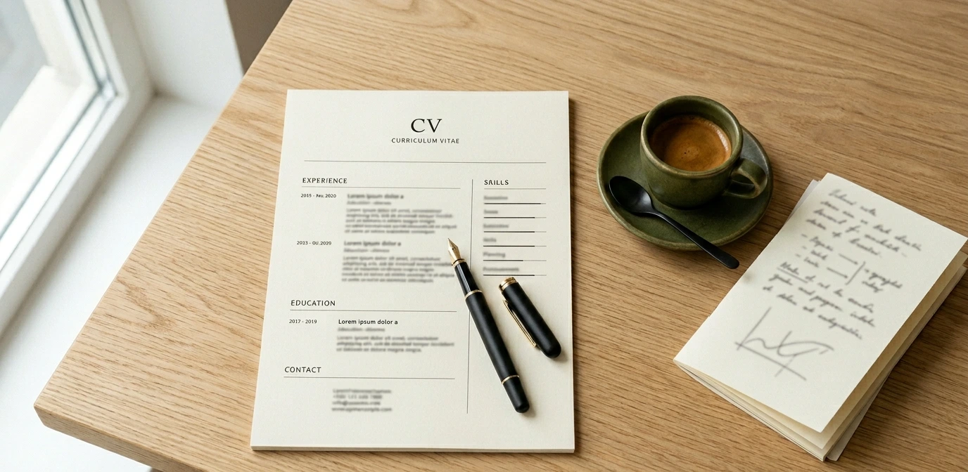 Curriculum vitae posé sur un bureau avec un stylo-plume et un espresso, symbolisant la recherche d'emploi pour travailler