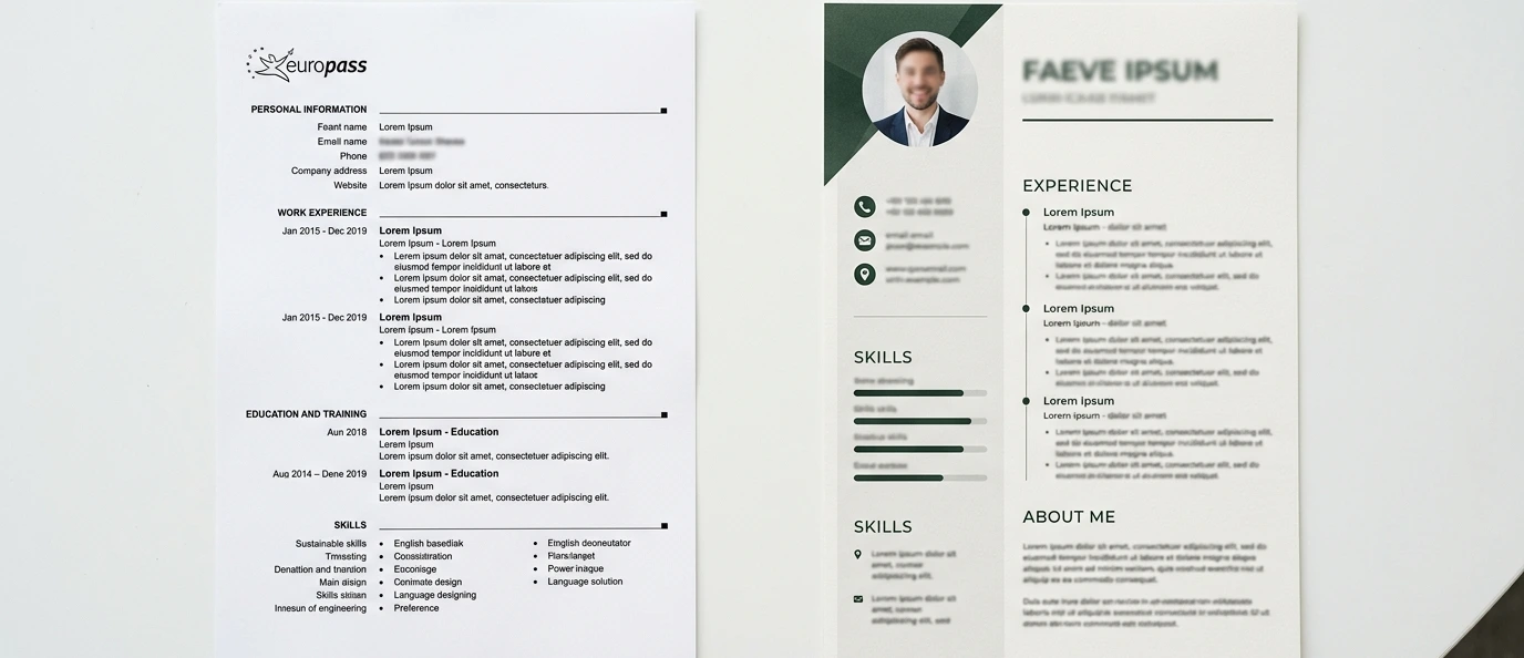 Deux CV côte à côte, l'un classique Europass et l'autre créatif, pour illustrer les deux formats adaptés au marché du travail italien