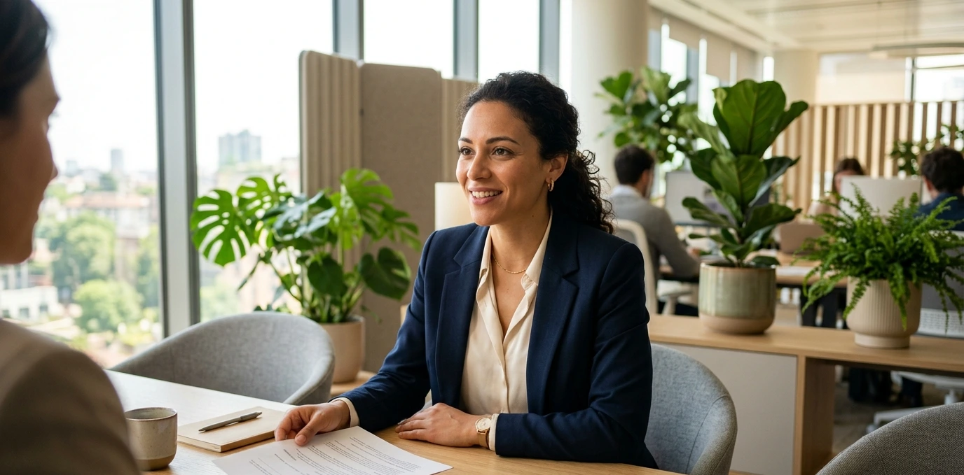 Candidate francophone en entretien d'embauche dans un bureau italien moderne, tenant son CV à la main