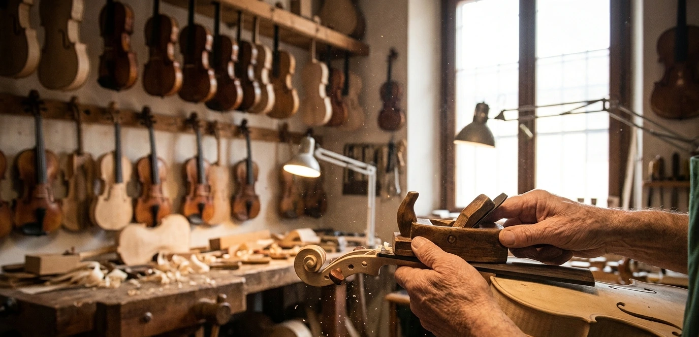 Mains d'un luthier façonnant un violon en bois dans un atelier traditionnel de Crémone avec des outils artisanaux