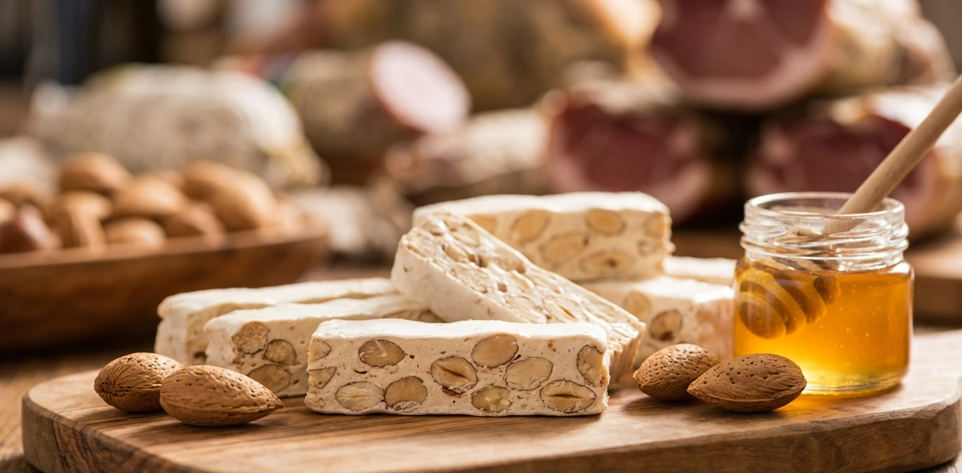 Morceaux de torrone artisanal de Crémone aux amandes disposés sur une planche en bois avec du miel