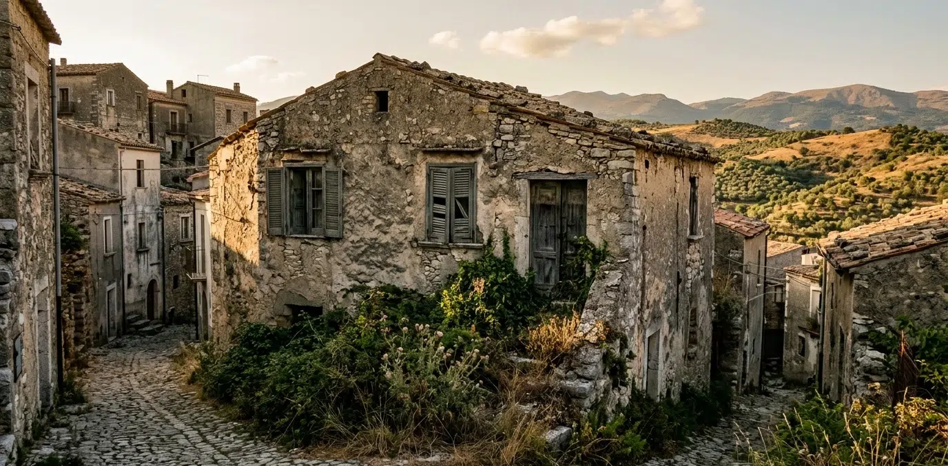 Vieille maison en pierre abandonnée à rénover dans un village perché du Cilento en Campanie, Italie du Sud, volets en bois délavés et ruelle en pierre