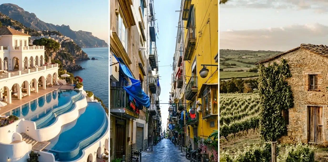 Trois types de biens immobiliers en Campanie Italie : villa de luxe côte amalfitaine, immeuble coloré à Naples et maison de pierre dans les vignobles de l'Irpinia