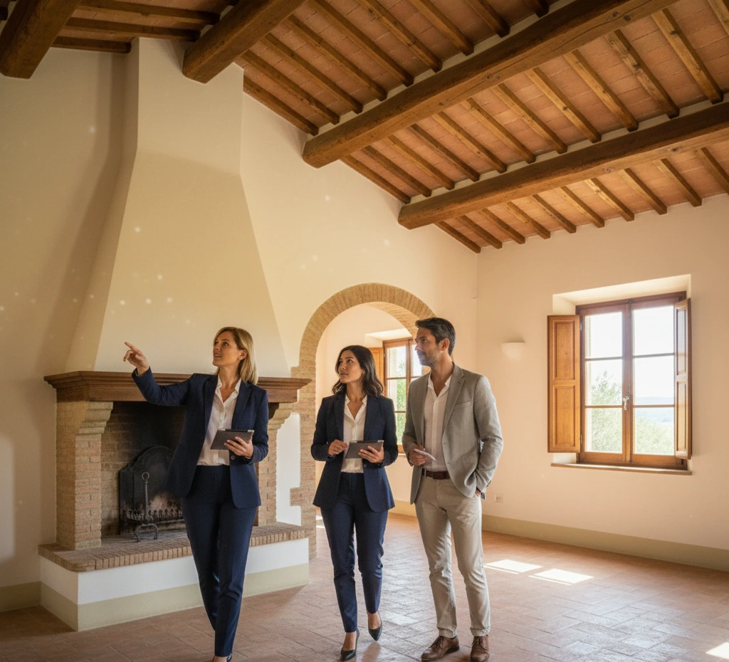 Agent immobilier en Italie accompagnant un acheteur francophone lors d'une visite de bien immobilier