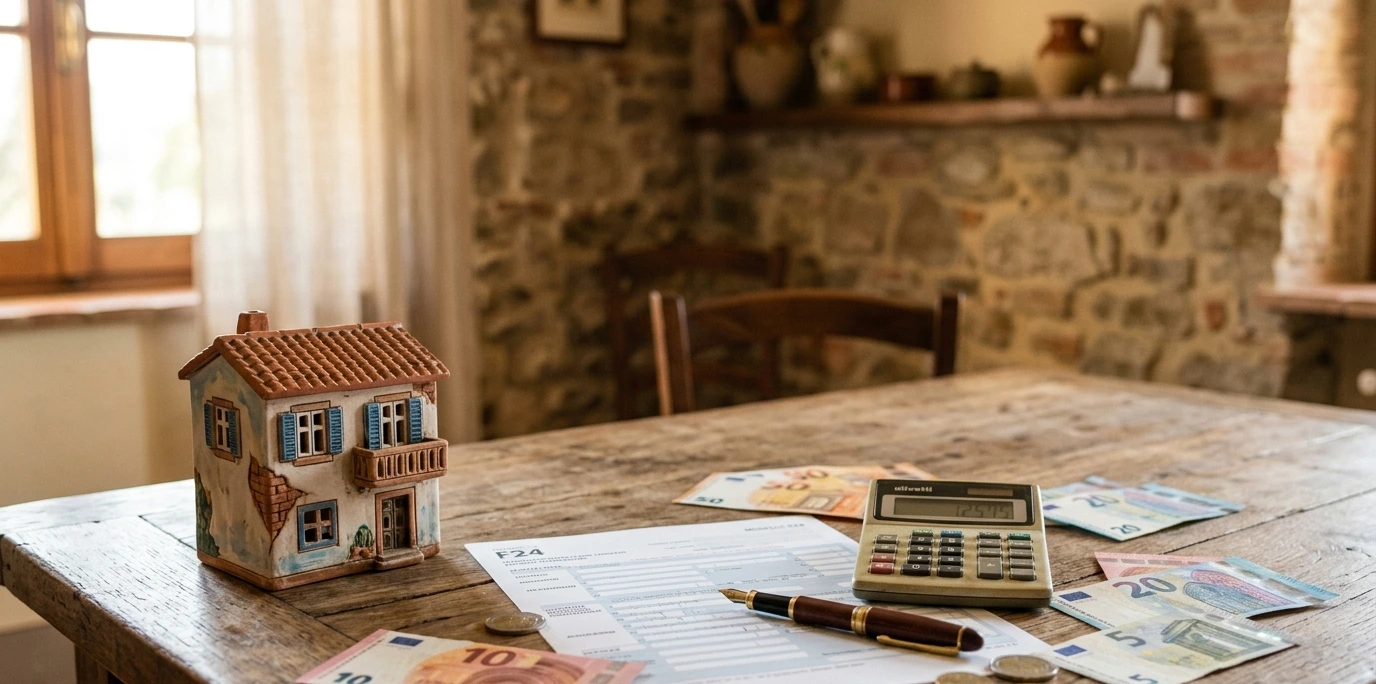Maquette de maison italienne posée sur un formulaire F24 avec calculatrice et euros — calcul de l'IMU taxe foncière en Italie