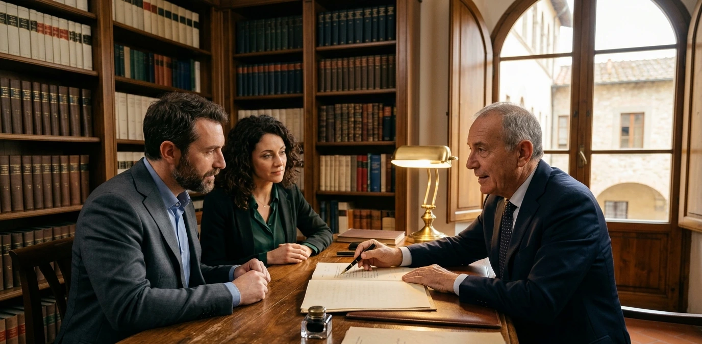 Couple signant un acte immobilier avec un notaire italien dans un bureau traditionnel — frais de notaire en Italie pour acheteur étranger