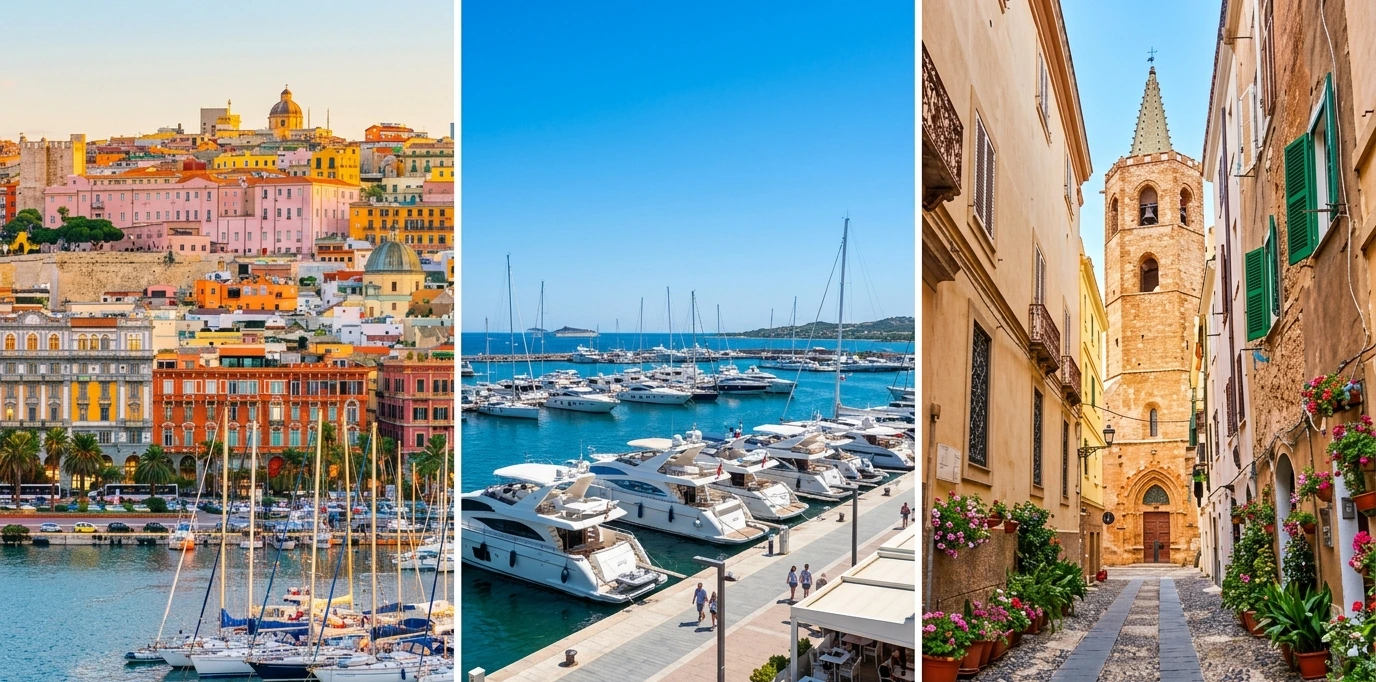 Triptique comparatif des trois villes sardes : port de Cagliari au coucher du soleil, marina d'Olbia avec yachts, vieille ville médiévale d'Alghero — où s'installer en Sardaigne