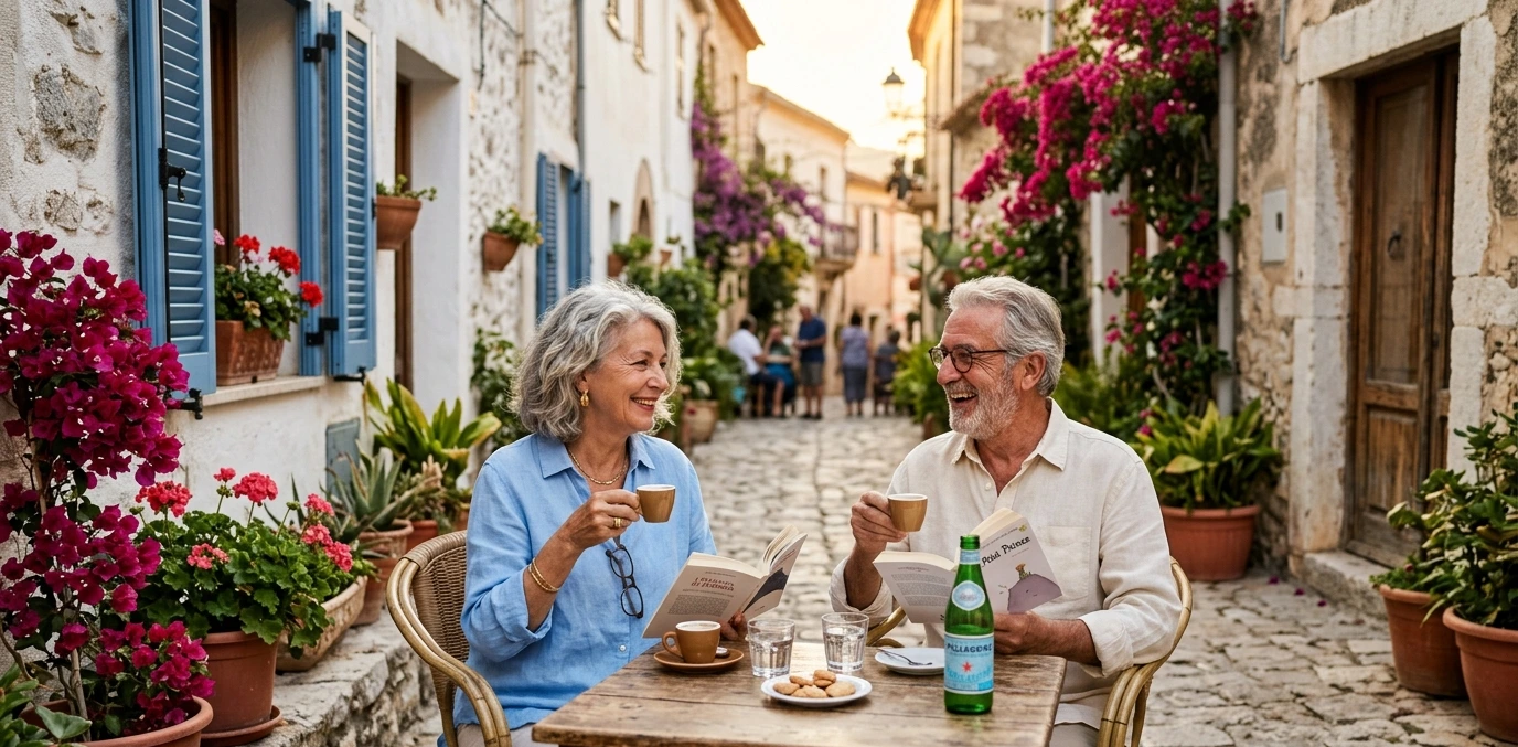 Couple de retraités français souriant à une terrasse de café dans un village sarde ensoleillé entouré de bougainvillées — vivre en Sardaigne à la retraite