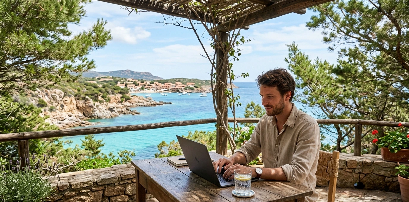 Jeune professionnel français en télétravail sur une terrasse ombragée avec vue sur la mer turquoise de Sardaigne — vivre et travailler en Sardaigne pour un Français