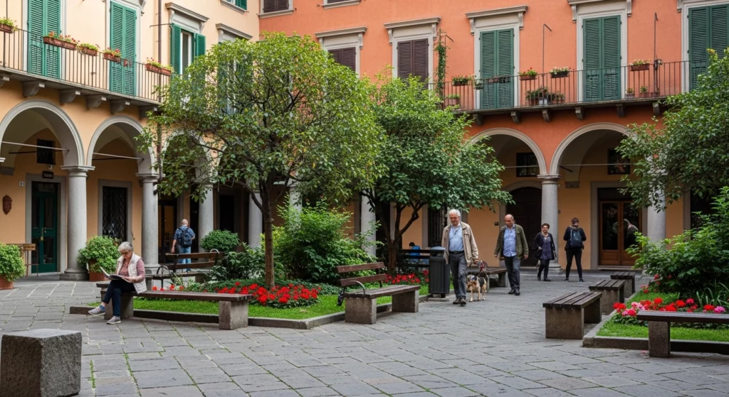 Petite place de quartier résidentielle à Bologne, aidant à choisir son quartier selon son mode de vie.