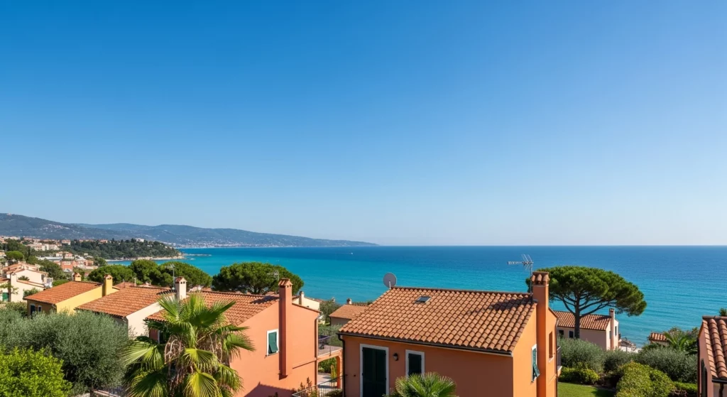 Vue panoramique de Vintimille en Ligurie, ville côtière italienne à la frontière française avec villas, collines et mer Méditerranée