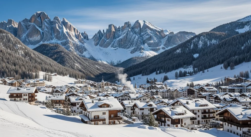 Village alpin de Cortina d'Ampezzo sous la neige avec les sommets enneigés des Dolomites en arrière-plan, station de ski premium italienne après les Jeux Olympiques 2026