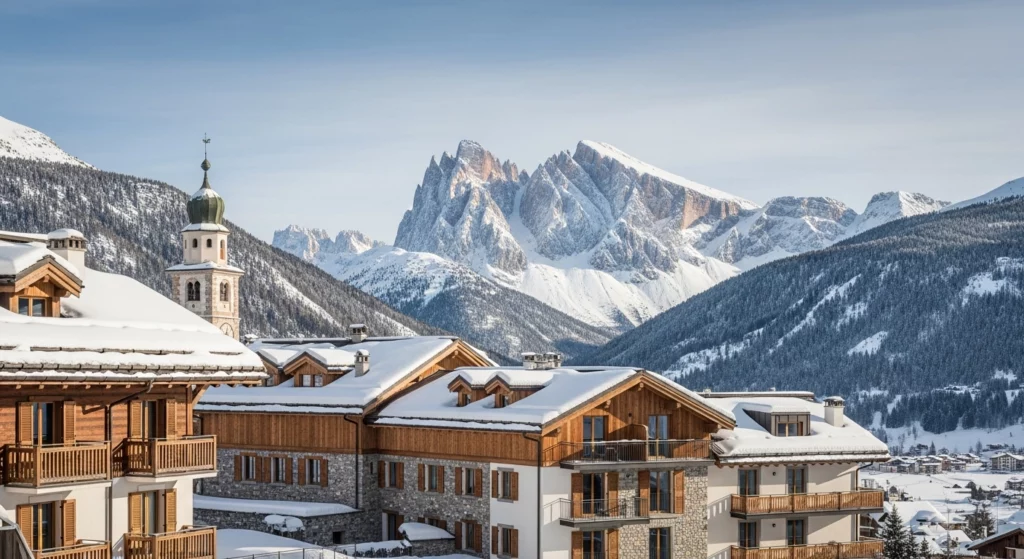 Chalets alpins traditionnels et résidences modernes à Cortina d'Ampezzo, architecture en bois et pierre typique des Dolomites, immobilier de luxe dans une station de ski italienne