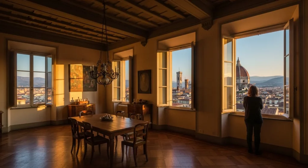 Intérieur lumineux d'un appartement toscan à Florence avec vue panoramique sur le Duomo et les toits historiques, illustrant le charme et la valeur des biens immobiliers du centre-ville florentin