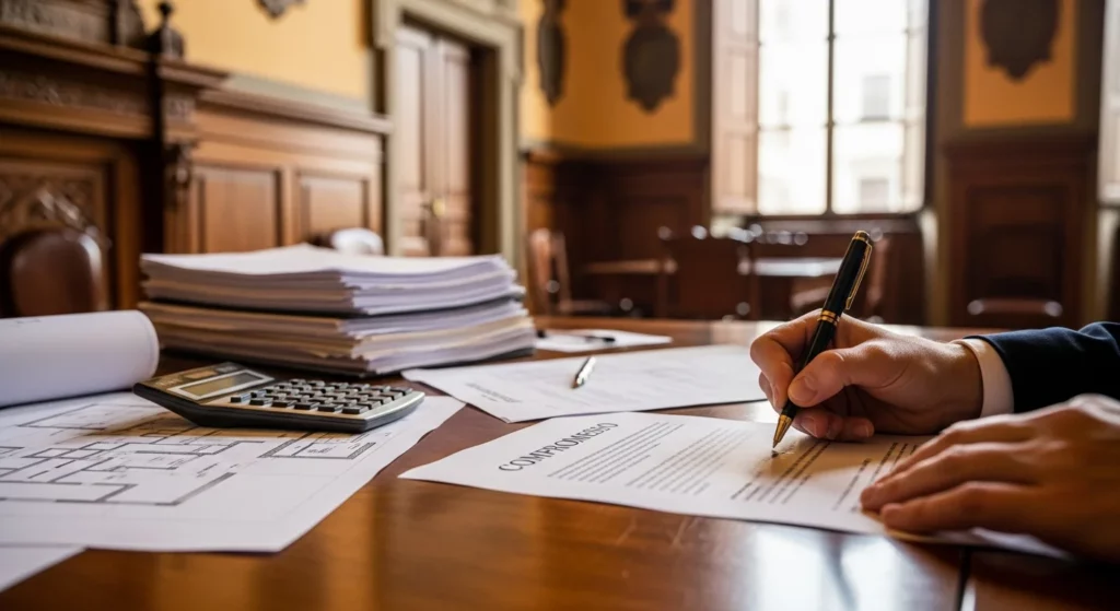 Scène de signature d'un compromis d'achat immobilier à Florence dans un bureau notarial traditionnel toscan, illustrant les démarches administratives pour acquérir un appartement en Italie.