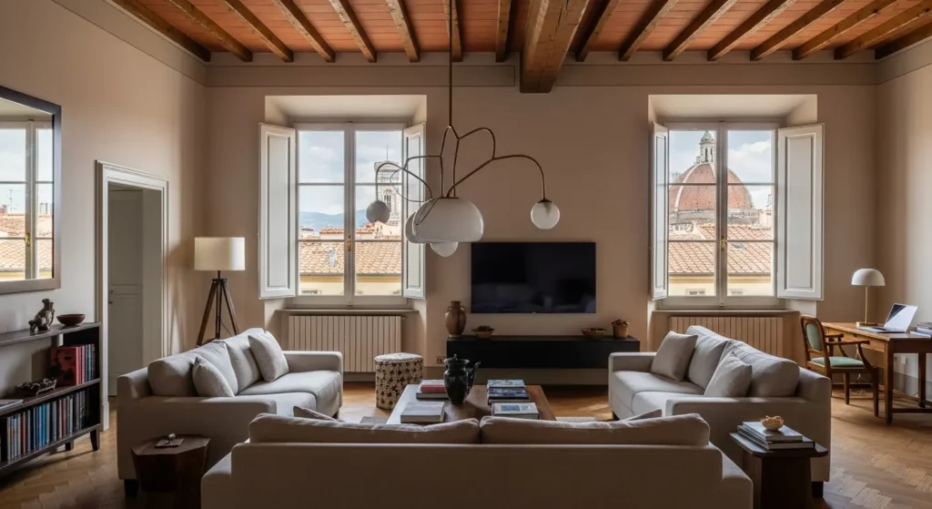 Intérieur lumineux d'un appartement florentin typique avec plafonds hauts, vue sur le Duomo et espace bureau pour télétravail, illustrant les options de logement pour expatriés français cherchant à s'installer et travailler à Florence.