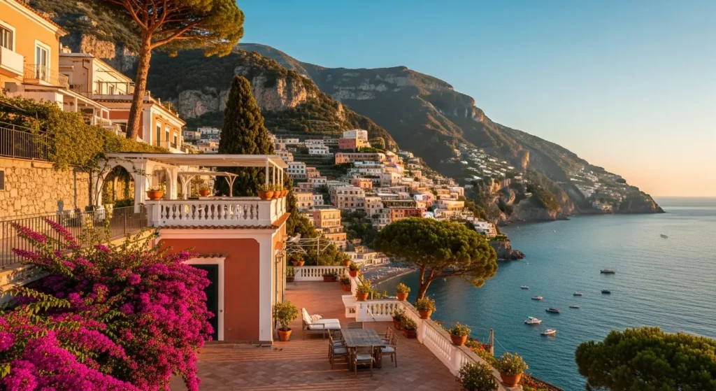 Aerial photograph of a traditional villa with panoramic terrace overlooking the Mediterranean Sea on the Amalfi Coast, illustrating the premium real estate market sought by international buyers.