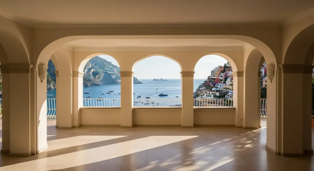 Mediterranean interior of a house on the Amalfi Coast with a bright living room offering a panoramic sea view, illustrating the typical architectural features and character of properties in Campania.