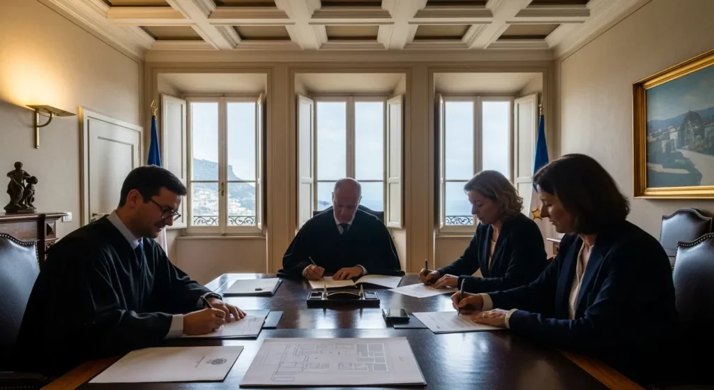Property transaction in an Italian notary's office with a view of the Amalfi Coast, illustrating the administrative steps involved in buying property in Amalfi and the legal procedures for investing in Campania.
