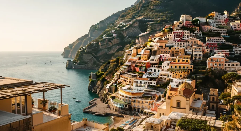 Vue panoramique des habitations traditionnelles colorées de la côte amalfitaine construites en terrasses sur les falaises, idéal pour comprendre le relief et l'accessibilité lors d'une location en Campanie.
