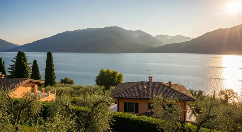 Vue panoramique de luxueuses villas traditionnelles italiennes sur les collines du Lac de Garde au lever du soleil, illustrant le marché immobilier prisé de cette région entre Lombardie et Vénétie pour acheteurs français.