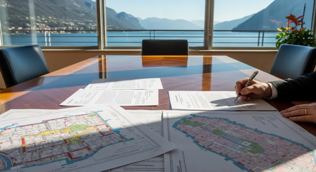 Bureau de notaire italien avec documents d'achat immobilier et vue sur le Lac de Garde, illustrant les étapes administratives et légales pour l'acquisition d'une propriété en Lombardie ou Vénétie pour les acheteurs français.