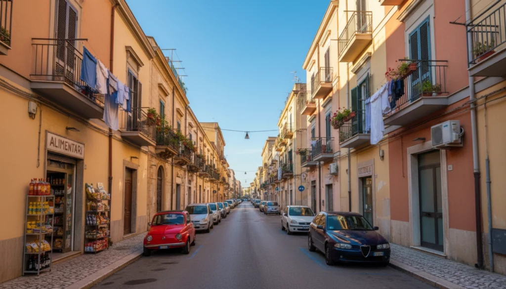 rue résidentielle en Calabre avec immeubles bas et lumière du sud de l'Italie - louer appartement Calabre
