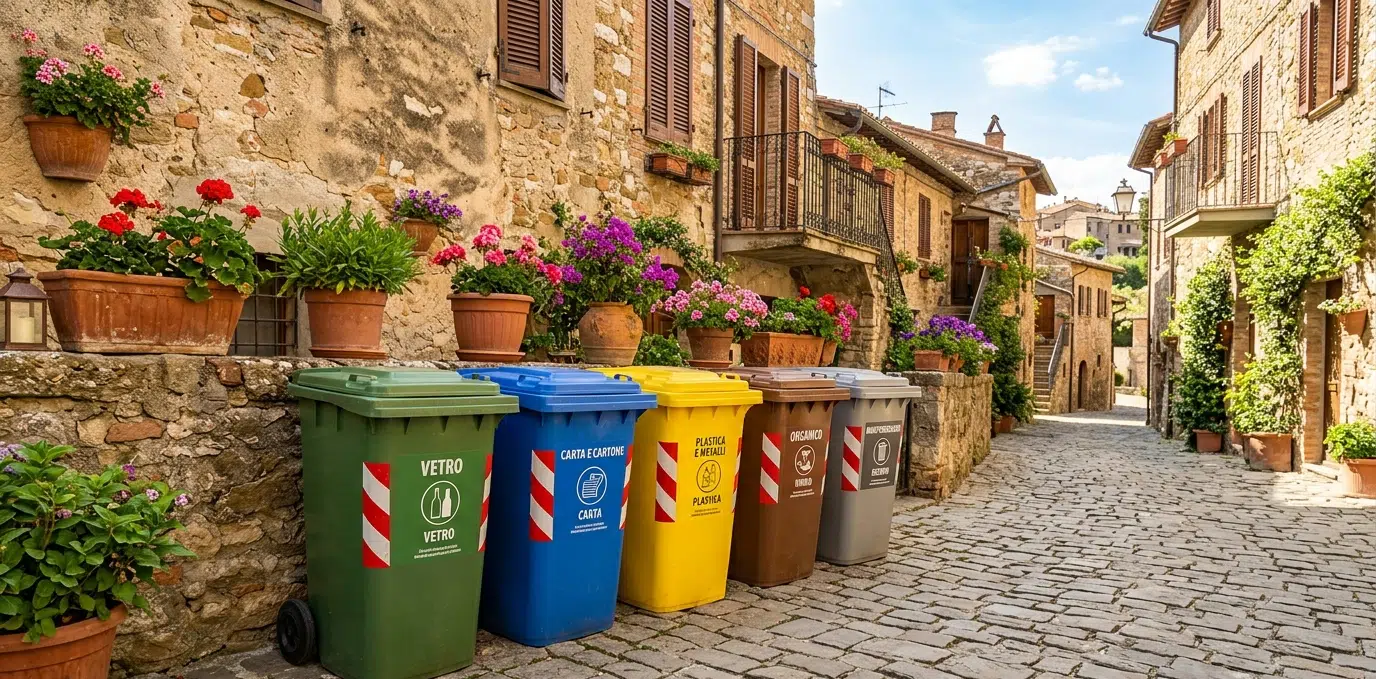 Attribut ALT : Cinq bacs de tri sélectif colorés alignés sur une rue pavée italienne ensoleillée
