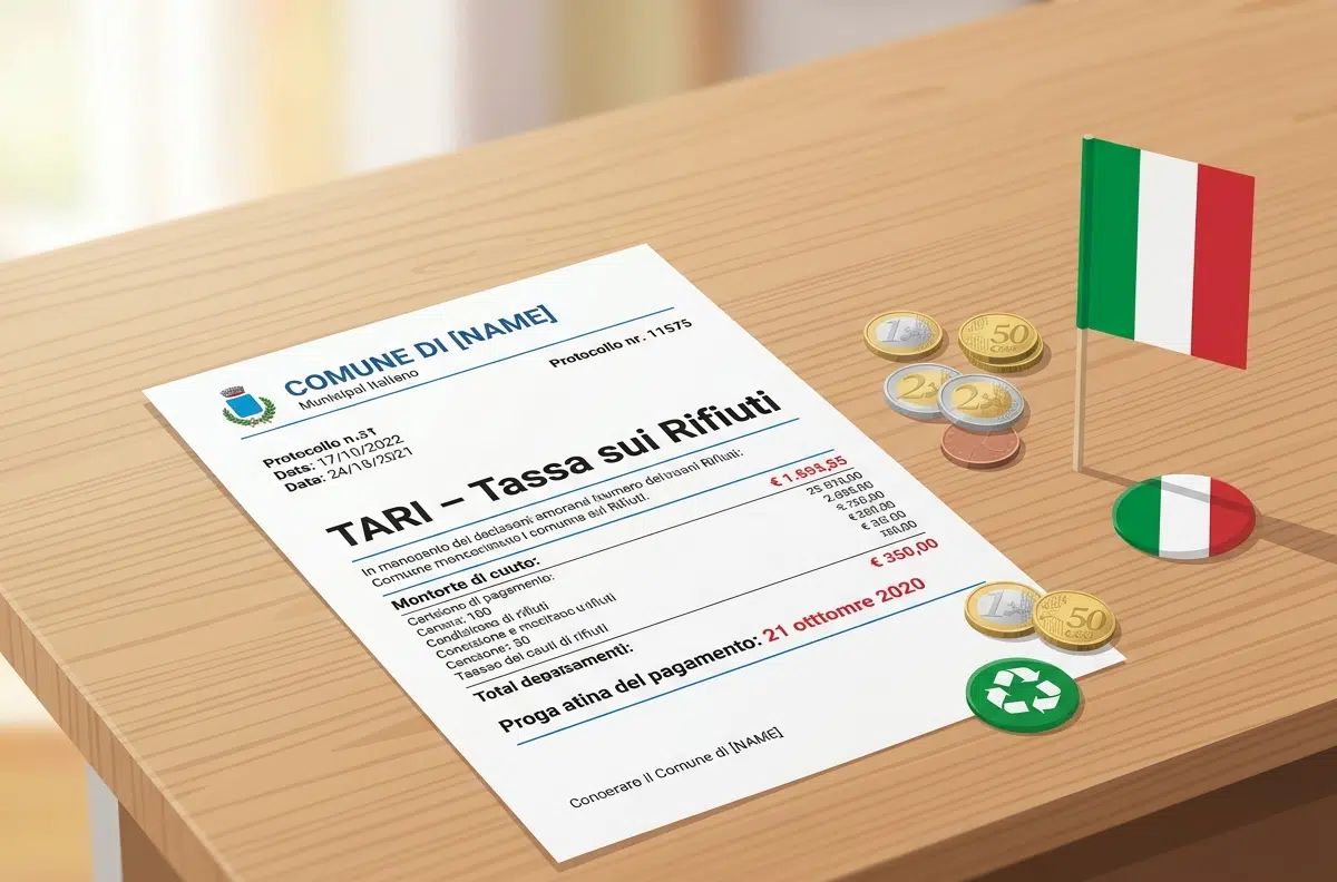 Document officiel TARI taxe italienne sur les déchets avec pièces en euros et symbole de recyclage