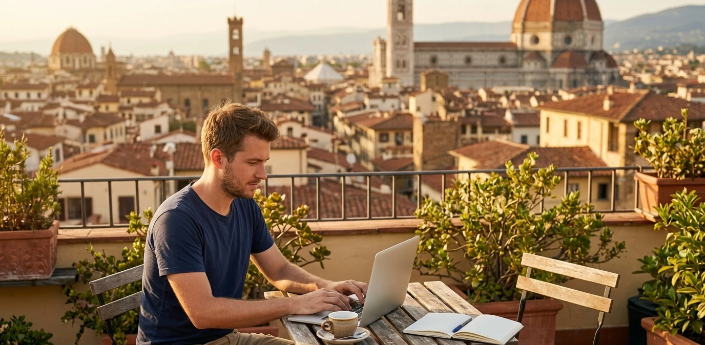 Freelancer working on a laptop from a rooftop terrace with a view over the rooftops of Florence, Italy