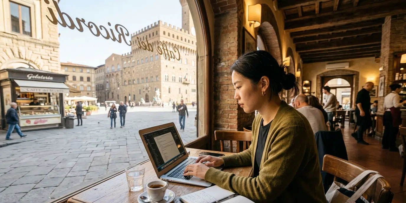 Nomade digital hors UE travaillant depuis un café en Italie, laptop ouvert avec vue sur une place historique romaine