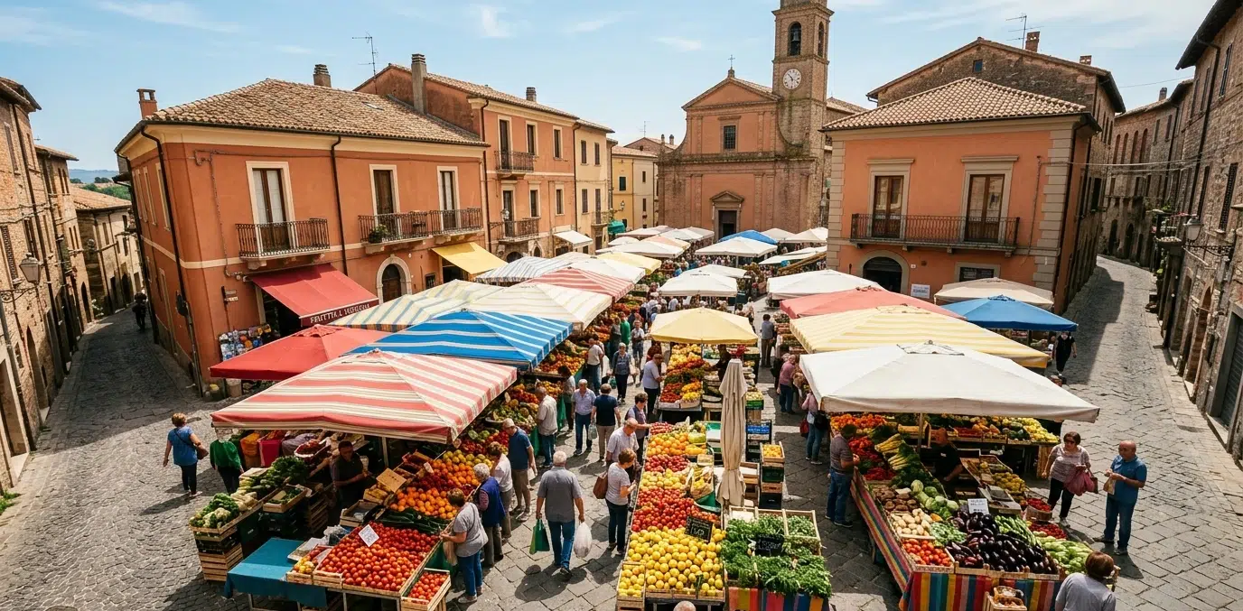 Marché en plein air dans une piazza italienne ensoleillée, étals colorés de fruits et légumes frais
