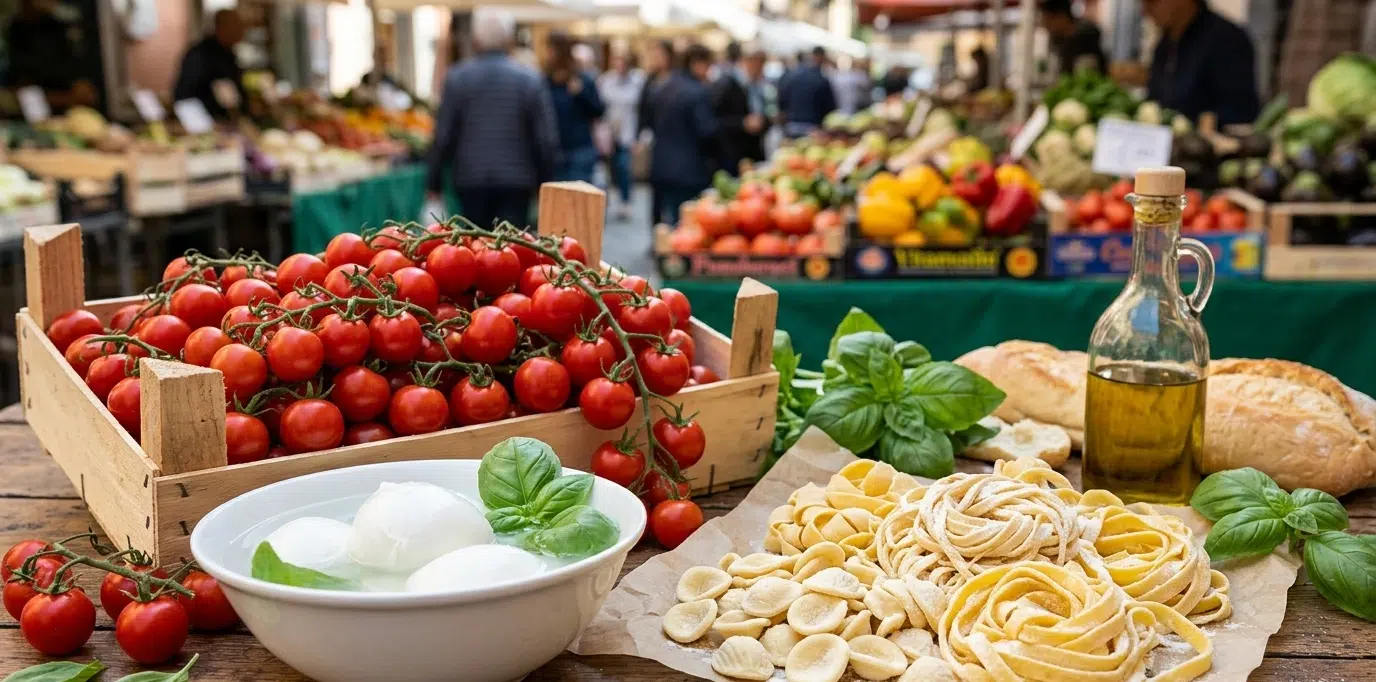 Étal de marché italien avec tomates fraîches, mozzarella, basilic et pâtes artisanales sur bois