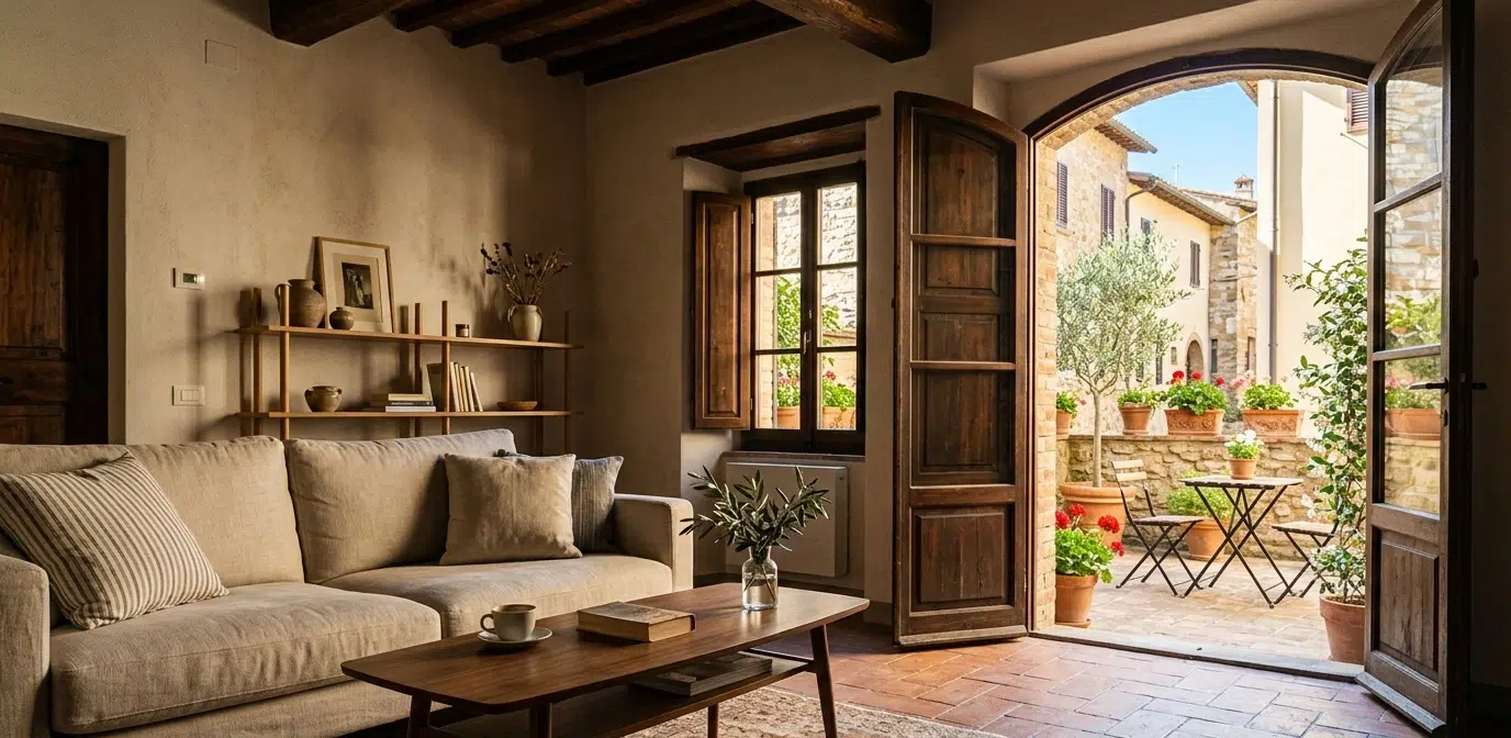 Intérieur d'un appartement italien avec carrelage en terre cuite et volets en bois ouverts sur une cour ensoleillée