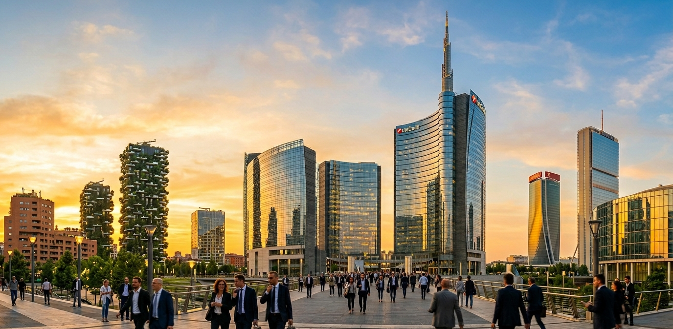Vue aérienne du quartier d'affaires de Milan avec ses tours modernes, symbole des opportunités d'emploi en Italie pour les francophones