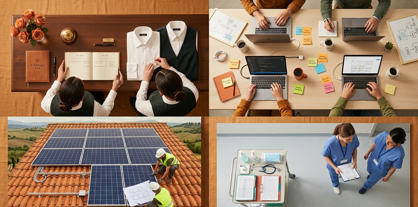 Collage illustrant les quatre secteurs qui recrutent le plus en Italie : hôtellerie, numérique, santé et énergies renouvelables