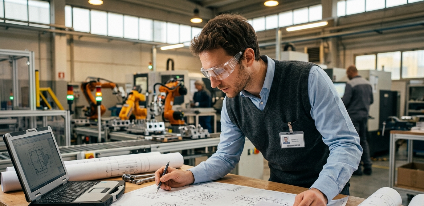 Ingénieur mécanique examinant des plans techniques dans une usine moderne du nord de l'Italie, l'un des profils les plus demandés sur le marché de l'emploi italien